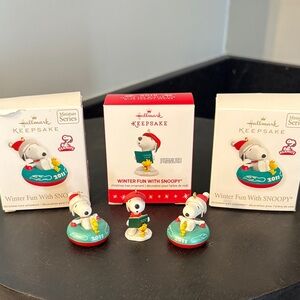 *3 Hallmark Snoopy Winter Fun MINI Ornaments: 2 Snoopy Tubing, Snoopy Caroling